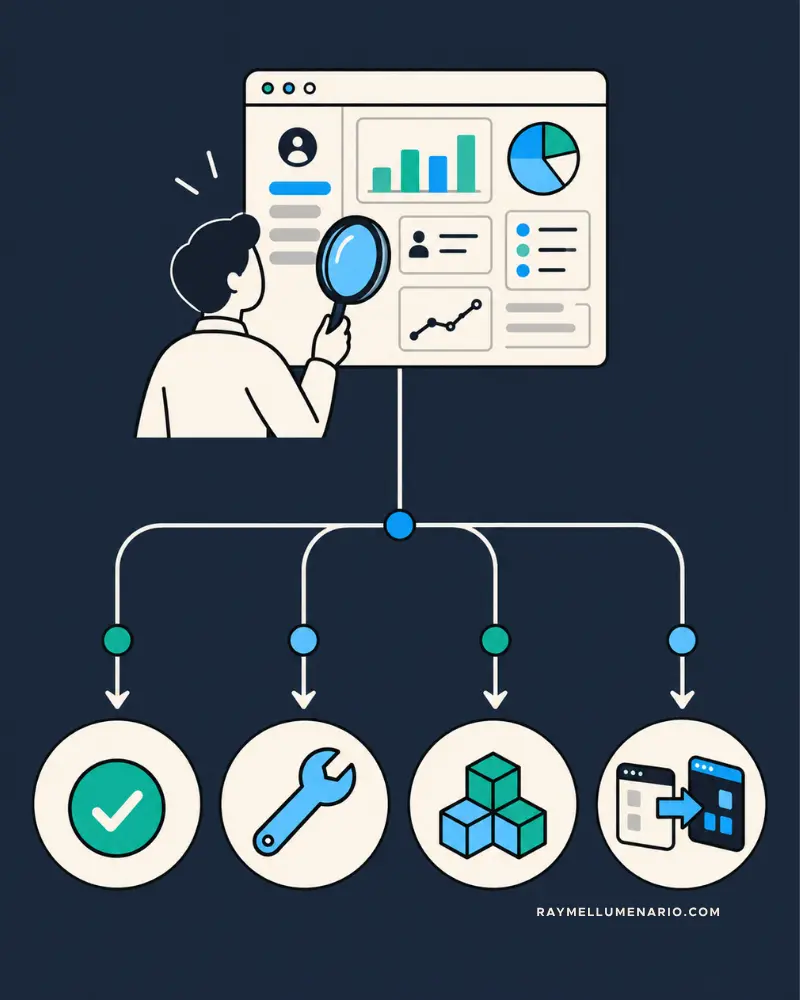 CRM health-check decision path leading to keep, fix, rebuild, or replace outcomes