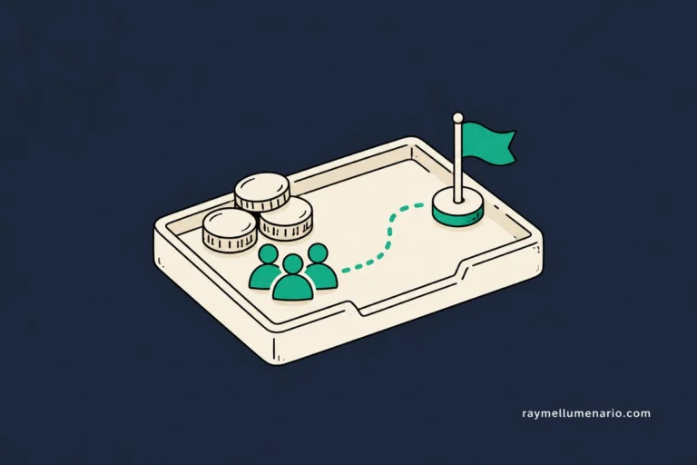 A small stack of budget coins and a three-person capacity symbol lead to one flagged priority on a planning tray.